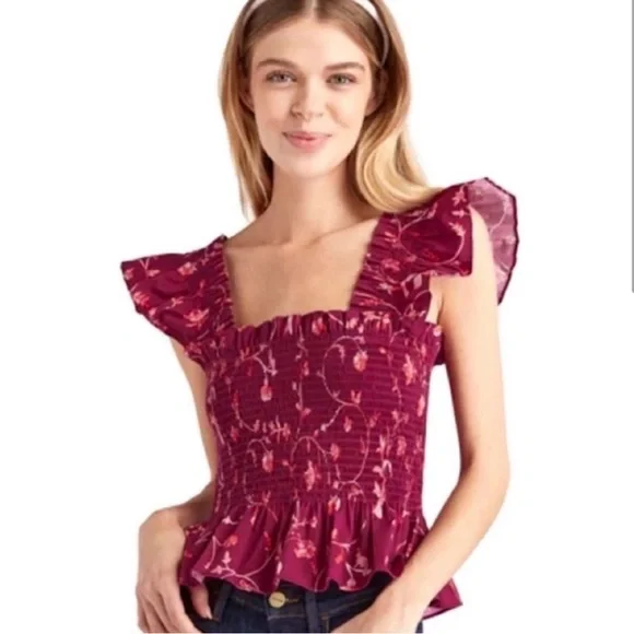 Hill House The Paz Top in Burgundy Botanical size small - Picture 1 of 3